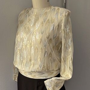 Women’s Vintage medium ivory blouse with silver and gold metallic threading.